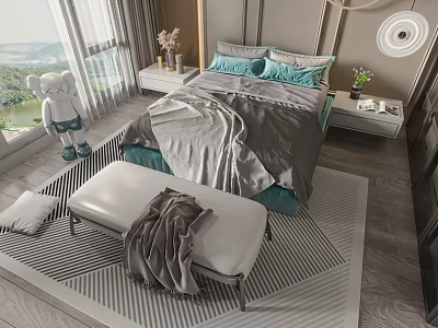 Modern Double Bed With Green Gray Bedding Nightstand Vase Bench Striped Rug And Window View 3d model
