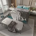 Modern Double Bed With Green Gray Bedding Nightstand Vase Bench Striped Rug And Window View