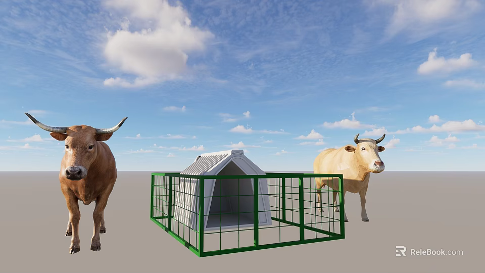 Reptile In Outdoor Space With Green Fenced White Shelter Under Blue Sky And Clouds 3d model 