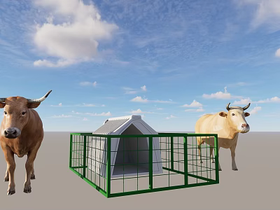 Reptile In Outdoor Space With Green Fenced White Shelter Under Blue Sky And Clouds 3d model