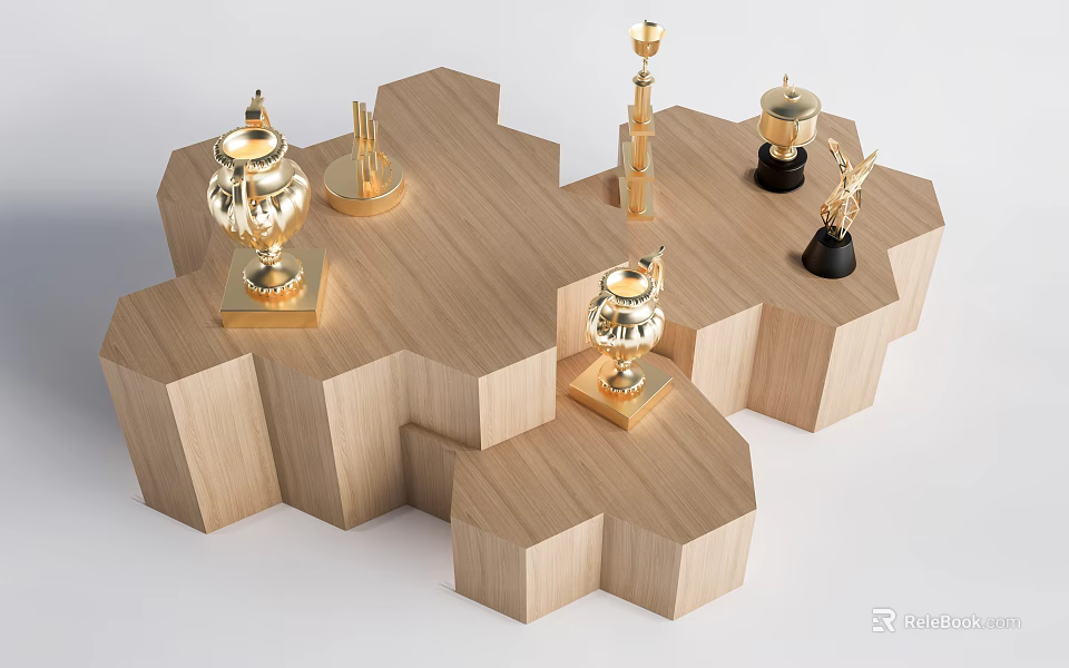 Modern Wooden Hexagonal Display Shelves Showcasing Golden Trophies And Decorative Pieces 3d model 