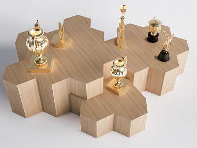 Modern Wooden Hexagonal Display Shelves Showcasing Golden Trophies And Decorative Pieces 3d model