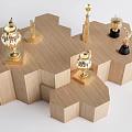 Modern Wooden Hexagonal Display Shelves Showcasing Golden Trophies And Decorative Pieces