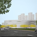 Modern Office Building Exterior With Road Vehicles Trees And Blue Sky White Clouds