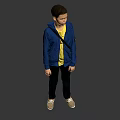 Child Standing In Blue Jacket Yellow T-shirt Black Pants And Gray Shoes