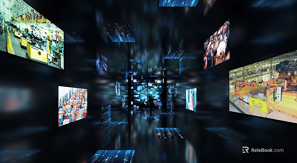 Immersive Digital Exhibition Space With Multiple Screens Displaying Colorful Visual Art 3d model 