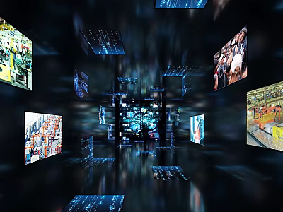 Immersive Digital Exhibition Space With Multiple Screens Displaying Colorful Visual Art 3d model