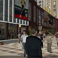 Bustling Commercial Street with Pedestrians Shops Billboards Tall Buildings and Green Plants