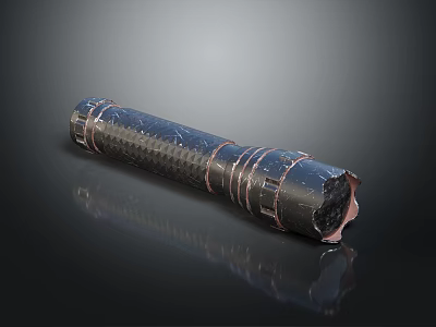 Damaged Black Carbon Fiber Flashlight With Textured Surface And Metal Rings On Reflective Base 3d model
