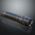 Damaged Black Carbon Fiber Flashlight With Textured Surface And Metal Rings On Reflective Base