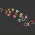 Small Black Furry Creatures With Eyes And Legs Holding Colorful Objects On Gray Reflective Surface