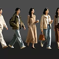 Group of Women Walking in Various Stylish Outfits with Bags and Coffee