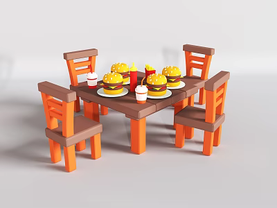 Dining Table Set With Four Chairs And Burgers Fries Drinks On Top 3d model