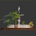 Outdoor Decorative Fountain With Stone Statue And Potted Green Plants On Circular Base