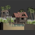 Detached Villa with Red Tile Roof Palm Trees Beachfront Boat Pier and Lush Greenery