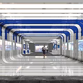 Futuristic Indoor Corridor Design With Blue White Curved Lines Person Standing Digital Screens Bright Lighting