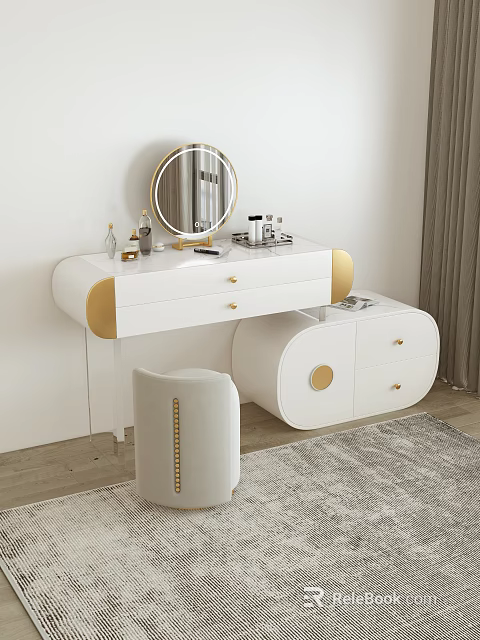 Modern White Gold Vanity Table With Round Mirror Cosmetics Matching Cabinet And Riveted Chair 3d model 