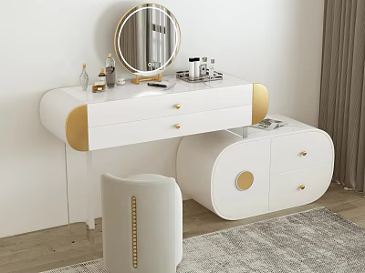 Modern White Gold Vanity Table With Round Mirror Cosmetics Matching Cabinet And Riveted Chair 3d model