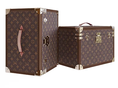 Vintage Brown Patterned Trunks With Metal Locks And Leather Handles 3d model