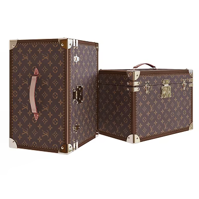 Vintage Brown Patterned Trunks With Metal Locks And Leather Handles 3d model