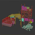 Ancient Wooden Architectural Structures Featuring Platforms Shelves Railings And Roof Frames