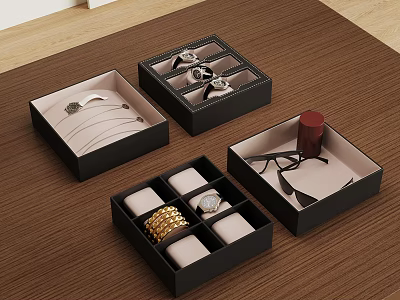 Black Jewelry Boxes With Compartments Holding Watches Necklaces Bracelets And Eyeglasses On Wooden Tabletop 3d model
