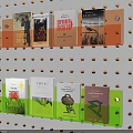 Transparent Bookshelf On Perforated Wall With Orange And Green Holders And Books