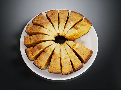 Golden Sliced Round Cake Served On White Plate With Dark Background 3d model