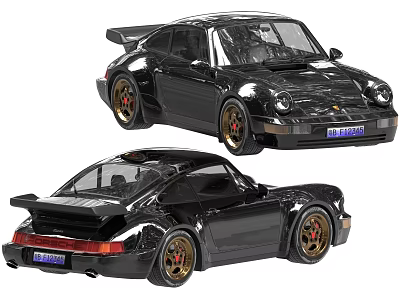 Classic Black Two Door Sports Car With Gold Wheels And Rear Spoiler 3d model