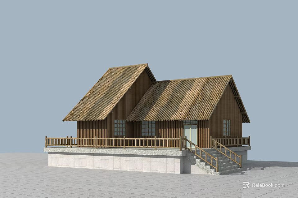 Wooden Cottage With Thatched Roof Balcony Railings Staircase And White Base 3d model 