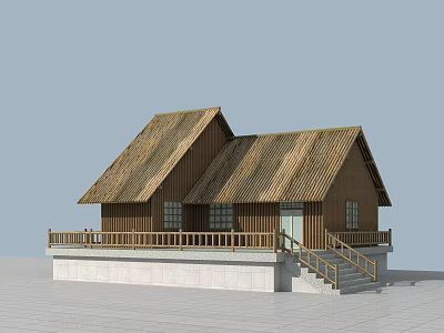 Wooden Cottage With Thatched Roof Balcony Railings Staircase And White Base 3d model