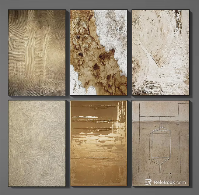 Modern Abstract Wall Art Collection With Gold Beige Brown Textures And Geometric Patterns 3d model 