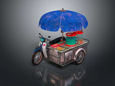 Portable Tricycle Food Cart with Blue Umbrella Red Green Buckets and Accessories 3d model