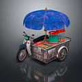 Portable Tricycle Food Cart with Blue Umbrella Red Green Buckets and Accessories