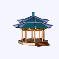Traditional Chinese Pavilion With Blue Purple Roof And Wooden Pillars Steps In Open Area
