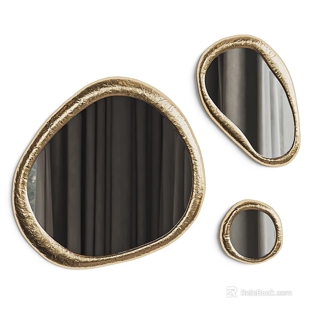 Three Irregular Shaped Mirrors with Gold Frames Reflecting Dark Curtains Modern Home Decor 3d model 
