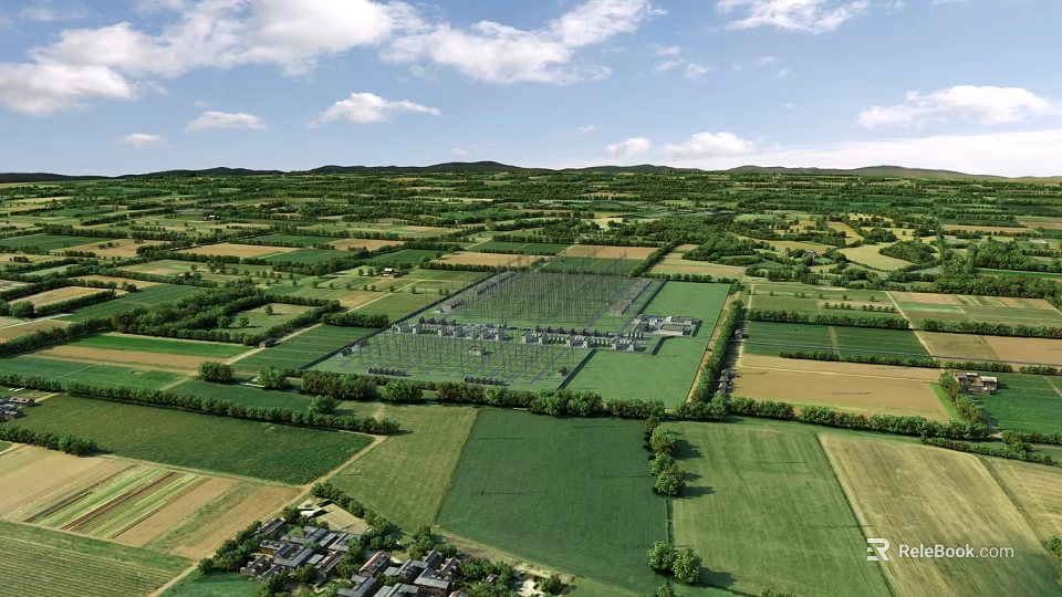 Aerial Rural Landscape with Green Farmland Neat Fields Distant Hills and White Clouds 3d model 