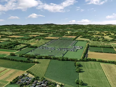 Aerial Rural Landscape with Green Farmland Neat Fields Distant Hills and White Clouds 3d model