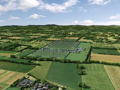 Aerial Rural Landscape with Green Farmland Neat Fields Distant Hills and White Clouds 3d model