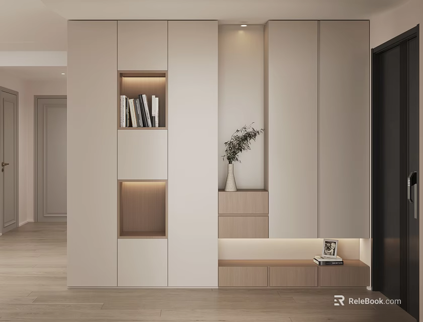 Modern Shoe Cabinet Interior Design With Open Shelves Books Vase Lighting And Storage 3d model 