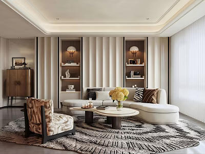 Modern Elegant Living Room Interior With Beige Curved Sofa Round Coffee Table And Geometric Rug 3d model