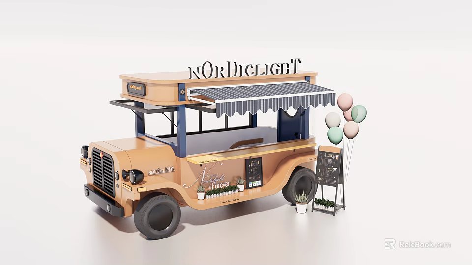 Nordiclight Functional Food Truck With Striped Awning Colorful Balloons Chalkboard Menu And Potted Plant 3d model 