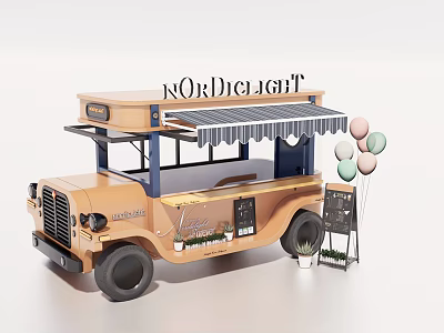 Nordiclight Functional Food Truck With Striped Awning Colorful Balloons Chalkboard Menu And Potted Plant 3d model