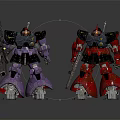 Two Purple and Red Robot Characters With Mechanical Armor And Weapons