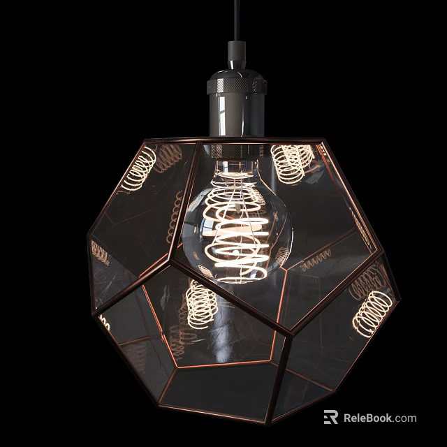 Modern Geometric Glass Chandelier With Spiral Bulb And Copper Frame Design 3d model 
