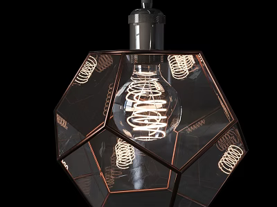 Modern Geometric Glass Chandelier With Spiral Bulb And Copper Frame Design 3d model