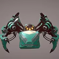 3D Mechanical Spider Character With Green Legs And Yellow Glowing Lights