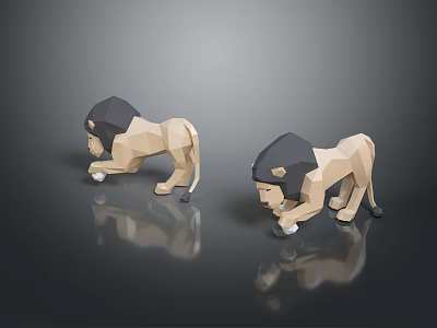 Low Poly Lion Figurines On Reflective Surface With Dark Background 3d model