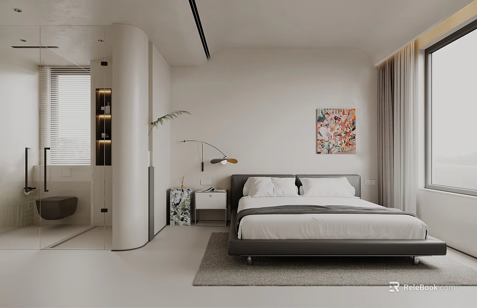 Minimalist Bedroom Interior Design With Platform Bed Area Rug Floor Lamp And Colorful Wall Art 3d model 