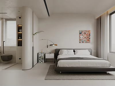 Minimalist Bedroom Interior Design With Platform Bed Area Rug Floor Lamp And Colorful Wall Art 3d model